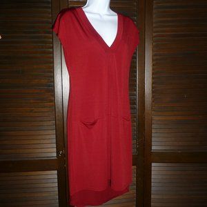 Burgundy Red V-Neck Hi Low Dress with Pockets, Short Sleeves, Pleats, Size M